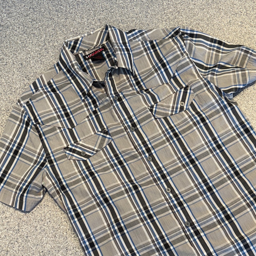 Tony Hawk Blue and Gray Plaid Button Down Shirt size L.
